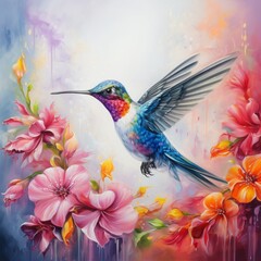 Obraz premium A stunning illustration of a colorful hummingbird in flight surrounded by vibrant blooming flowers set against a soft dreamy background