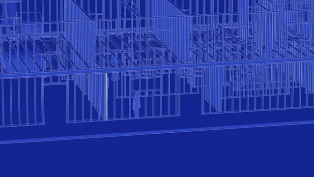 under construction house site, frame structure, with large machines, seamless looping 3D blueprint animation