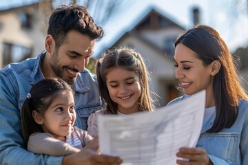 Obraz premium Happy family of four looking at a map outdoors, enjoying a sunny day and planning an adventure together in a suburban neighborhood.