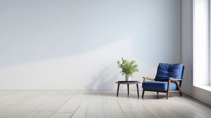 Interior home of living room with blue log armchair on empty white wall copy space mockup
