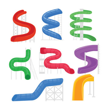 Set of colorful water slide set collection, Slides of different shape at aquapark, waterslide cartoon, spiral pipe waterpark construction, splashpark twist tunnel for riding tube, screw piping family.