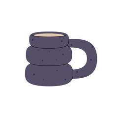 Design of cute modern mug for tea, coffee, hot drinks. Stylish gray cup with speckled pattern. Pottery teacup with curved form, interesting shape. Flat isolated vector illustration on white background