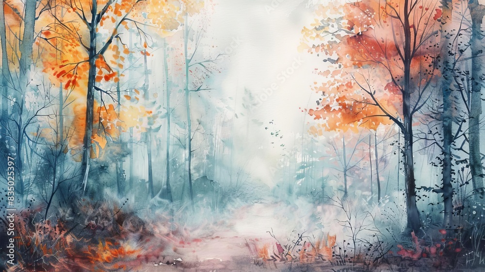 Poster serene autumn forest shrouded in ethereal fog watercolor painting