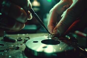 Naklejka premium A man is polishing a ring with a brush. The ring is made of gold and has diamonds. The man is wearing gloves while working on the ring