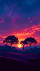 Depict the vibrant hues of a sunset with a minimalist digital artwork that focuses on the sky. Use bold, warm colors and simple gradients to illustrate the transition from day to night, with just a