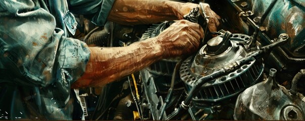 A man is working on a car engine. Mechanic fixing and engine