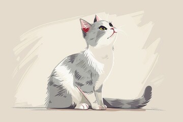 cute grey white cat sitting looking up. Ideal posters, pet lovers, art enthusiasts.