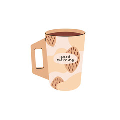 Cute big coffee cup with inscription Good Morning. Design of modern mug with handle for hot drinks, beverages. Stylish teacup for tea, cocoa. Flat isolated vector illustration on white background