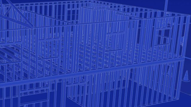 under construction house site, frame structure, with large machines, seamless looping 3D blueprint animation