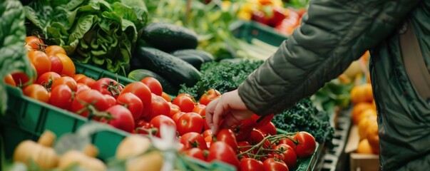 Naklejka premium The market is full of fresh produce, including a variety of vegetables and fruits. Selecting fresh vegetables