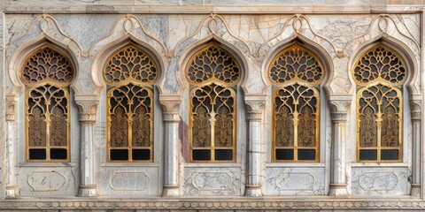 Obraz premium Windows pattern Arabic. An intricately designed Islamic wall with elegant arches, marble columns ornate gold accents. detailed craftsmanship and luxurious materials create a rich, majestic ambiance