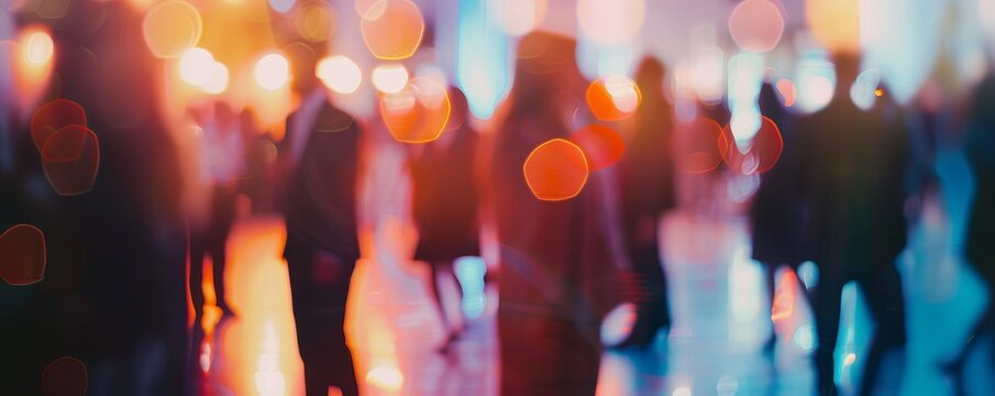 Group of people mingling at a corporate work party, defocused background