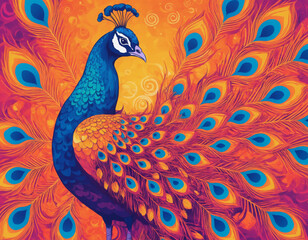Fototapeta premium Colorful Illustration of a Peacock with Vibrant Feathers on Bright Background