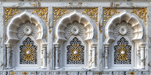 Fototapeta premium Windows pattern Arabic. An intricately designed Islamic wall with elegant arches, marble columns ornate gold accents. detailed craftsmanship and luxurious materials create a rich, majestic ambiance