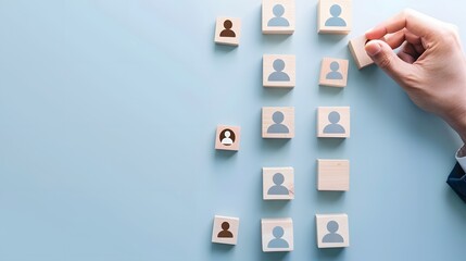 Hand arranging wooden blocks with human icons, representing team management and human resources on a light blue background.