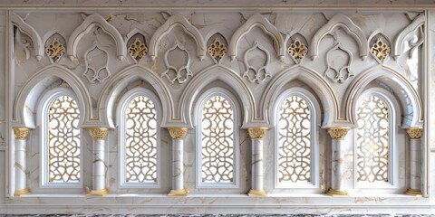 Fototapeta premium Windows pattern Arabic. An intricately designed Islamic wall with elegant arches, marble columns ornate gold accents. detailed craftsmanship and luxurious materials create a rich, majestic ambiance