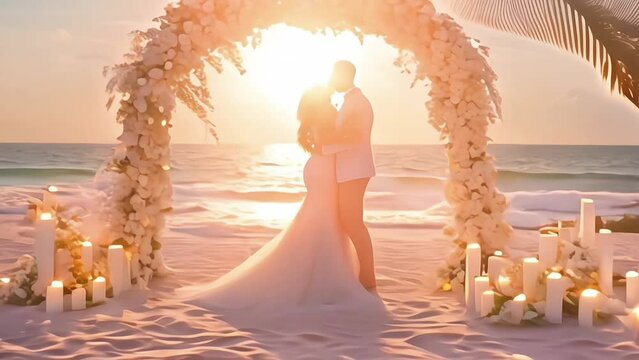 Bride and groom kissing on the wedding ceremony on sand beach near decorated wedding arch. Tropical summer wedding