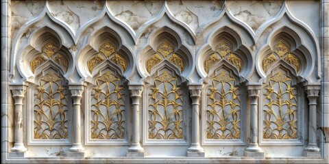 Windows pattern Arabic. An intricately designed Islamic wall with elegant arches, marble columns ornate gold accents. detailed craftsmanship and luxurious materials create a rich, majestic ambiance