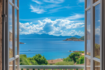 Beautiful seascape from balcony room with wide open window in Ajaccio, Corsica island, France. West coast overlooking the archipelago of the Sanguinaires    © CREAM 2.0