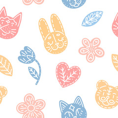 Cute children pattern with animals and flowers. Vector seamless texture 