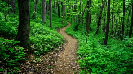 Obraz premium serene forest footpath winding through lush green foliage nature landscape photo
