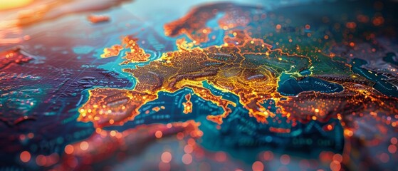 A colorful map of Europe with a glowing orange and blue background