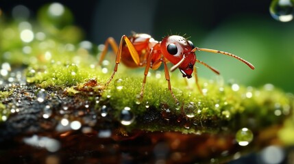 Naklejka premium A close-up and super macro shot of a red ant looking for food