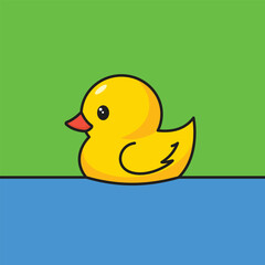 Yellow duckling floating on water, rubber duck on green background. Vector illustration in cartoon style.