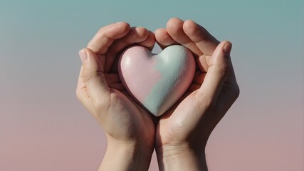 Obraz premium A soft pastel background featuring a heart being held gently by a pair of hands powerful, emphasizing, care, and compassion