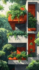 Fototapeta premium 29051000 05 Create a digital illustration of city greenery, showcasing plants and trees integrated into urban architecture. Use a modern, geometric style with a focus on the contrast between nature