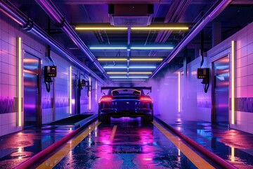 Fototapeta premium The automatic car wash machine offered a premium service that included waxing, ensuring my car was not only wet and clean but also protected with a shiny finish