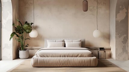 serene minimalist bedroom with beige stucco wall and modern design 3d illustration