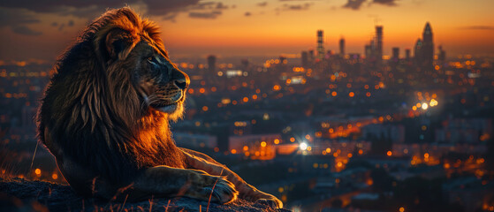 The lion s mane highlighted by the bright lights of the city
