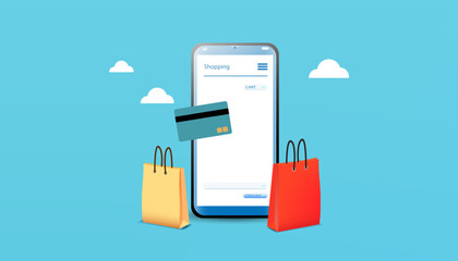 Shopping online concept using smartphone decorated with paper bag cart, basket shop, trolley, cloud and credit card, vector.