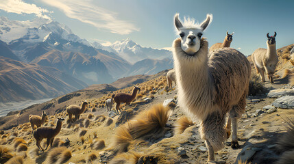 Fototapeta premium Scenic View of Llama Herd in Andean Mountains Illustrating the Importance of Camelids to High-Altitude Ecosystems and Local Indigenous Cultures