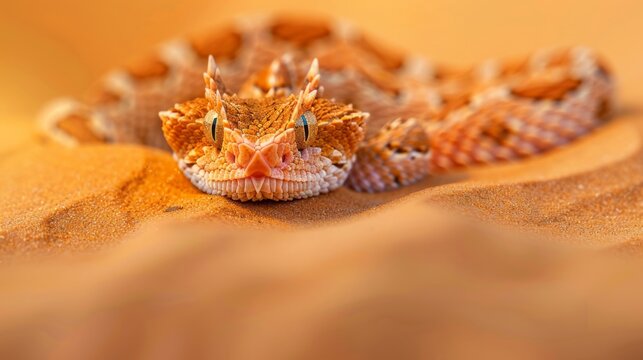 A desert viper stares intently, camouflaged in the sand