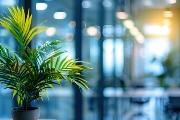 Blurred empty open space office interior with green plants.