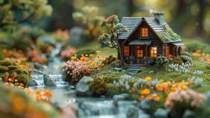 Magical Realist Miniature Cabin Scene with Colorful Flowers, Green Trees, and Flowing River, Tilt-Shift Effect, Detailed Rendering, Wide-Angle Lens, Depth of Field, Paper Art Illustration Look