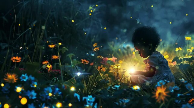 small children playing with fireflies in the flower garden at night. Virtual 4K video animation background with looping time lapse with very smooth graphics.