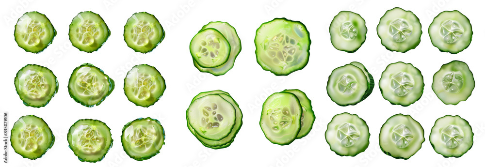 Poster cucumber slices isolated on transparent background, top view.