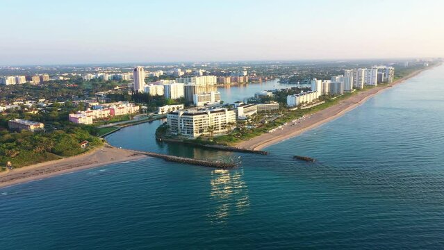 Beautiful moving aerial view of Boca Raton, Florida from the Atlantic Ocean. 