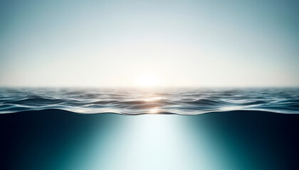 Obraz premium Calm ocean waters with the sun on the horizon on a clear background, depicting tranquility and nature's beauty. Generative AI