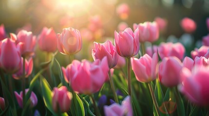 Pink tulips bloom in the morning under the gentle sunlight