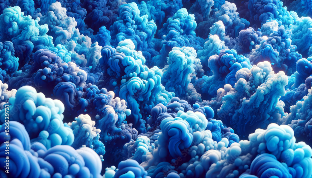 Poster abstract blue cloud-like formations with a vibrant, creative style on a dark background, concept of 