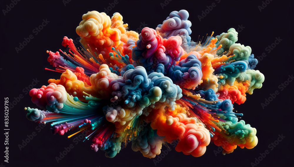 Poster an explosion of colorful swirls on a dark background, creative concept artwork. generative ai