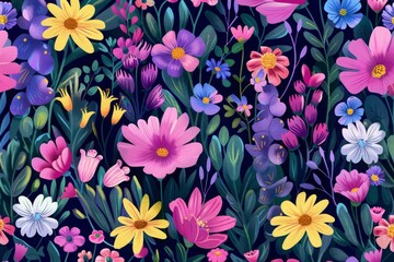 Obraz premium Vibrant floral pattern with colorful flowers and green leaves on a dark background, perfect for textile and wallpaper designs.