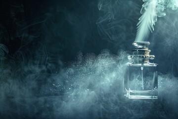 Fototapeta premium A luxurious perfume bottle releases a delicate mist, captured in high detail against a dark background. Generative AI