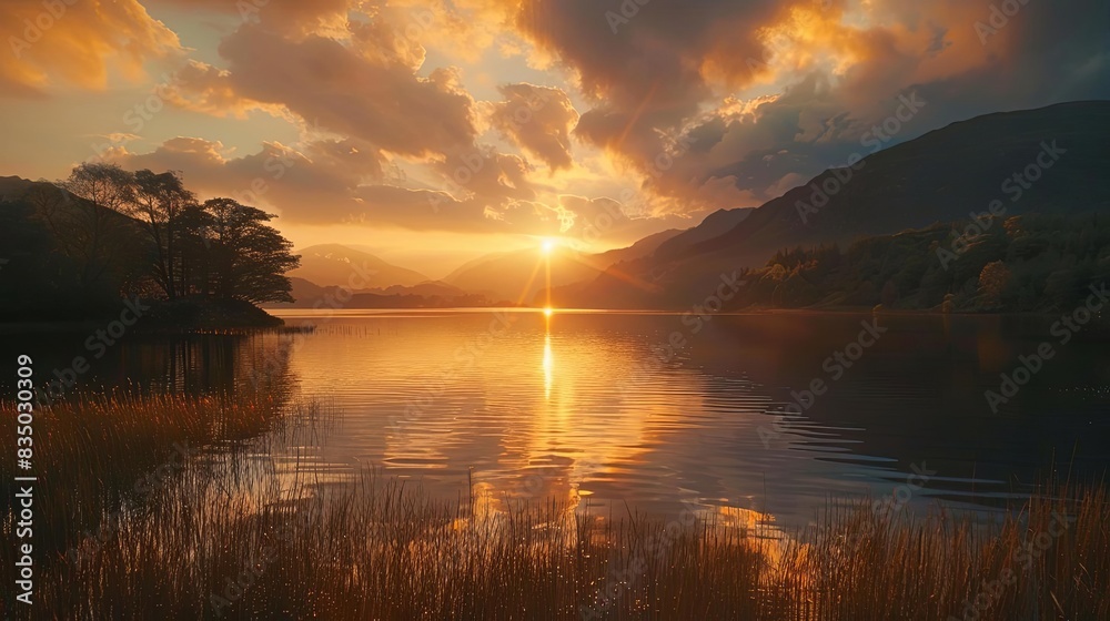 Wall mural serene sunset over tranquil lake landscape photography