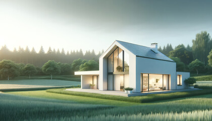 Obraz premium Modern house amidst green fields at dawn, realistic style, on a natural forested background, concept of tranquility. Generative AI