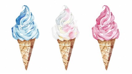 Watercolor illustration of three ice cream cones in blue, white, and pink flavors on a white background.